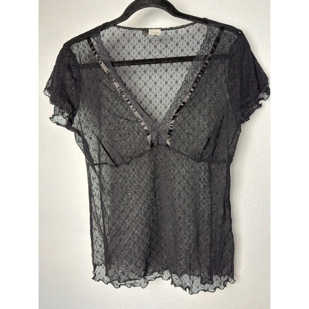 KC Stevens Top Women's Black Sheer lace M/L V-Neck Romantic Goth Coquette